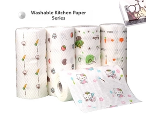Washable kitchen paper rolls with colorful strawberry and cartoon character print patterns