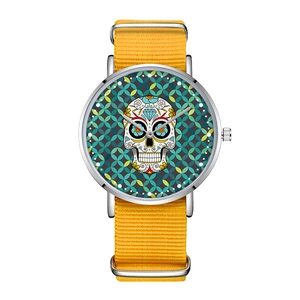 Women Fashion Quartz Watch Artistic Sugar Skull Pattern Dial Nylon Woven Strap Alloy Case Daily Casual Wristwatch For Women