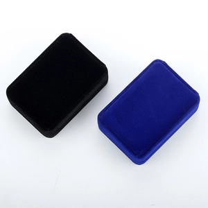 Rectangle velvet jewelry boxes in black and navy blue shown from a 45-degree angle view