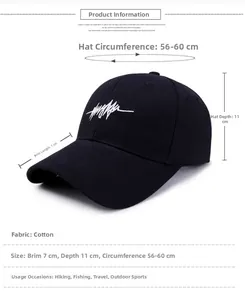 Tableau détaillé montrant les dimensions et la sangle réglable de la casquette coton