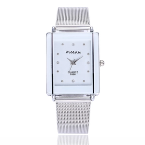 Minimalist silver rectangular watch with mesh steel band and rhinestone dial indices