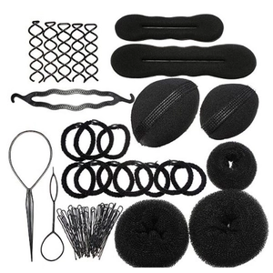 Detailed black hair styling set including bun makers, donut sponges, and tools