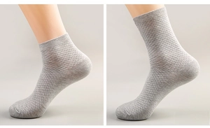 Detail view of light grey knit socks showing low cut and crew length breathable textures