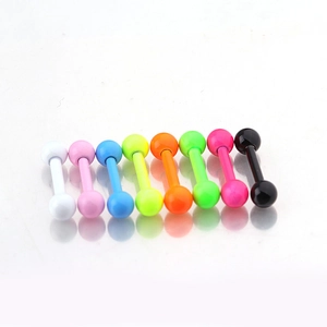 Macro shot of eight colorful acrylic barbell stud earrings on a clean white background