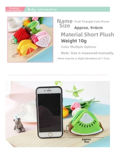 Macro detail of plush fruit coin purses with metal chains and zipper closure mechanism
