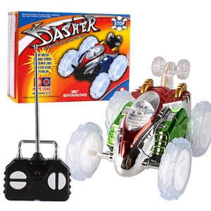 Remote control stunt car with 360-degree rotation and LED lights in retail packaging