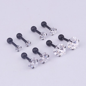 Set of 4 pairs of black stainless steel heart zircon studs with four-prong setting