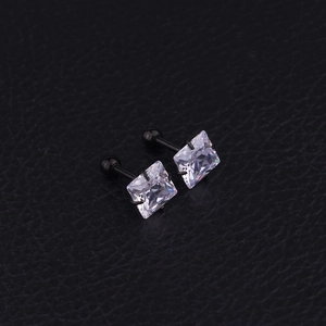 Pair of square zircon ear studs in black stainless steel for cartilage piercing