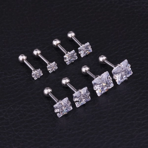 Set of 8 stainless steel stud earrings with square cubic zirconia in various sizes