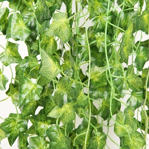 Macro view of green artificial ivy leaves with detailed textures for wall decoration