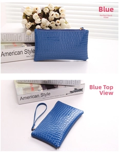 Detailed macro view showing the blue crocodile embossed texture and metal zipper of the clutch