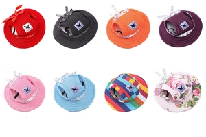 Multiple pet sun hats in various colors with breathable mesh and adjustable straps