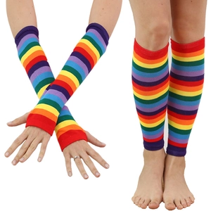 Rainbow striped knit arm warmers and leg sleeves set for cosplay and performance costume
