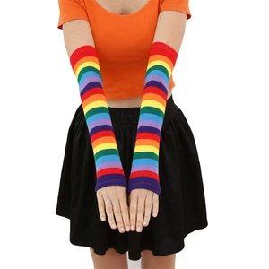 Detail of colorful rainbow striped arm sleeves with thumb holes in soft knit fabric