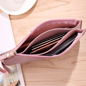 Pink multi-functional long wallet with three-layer large capacity and wrist strap