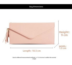Pink long envelope wallet dimensions 18.5x9x1.5cm with tassel detail and gold hardware