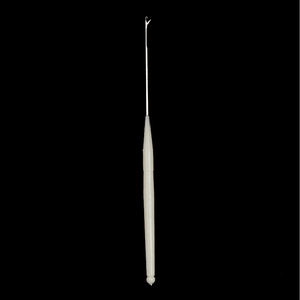Detailed view of an ergonomic crochet hook with a metal head and a thick plastic handle