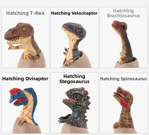 Macro detail of six realistic dinosaur hatching egg models showing various species