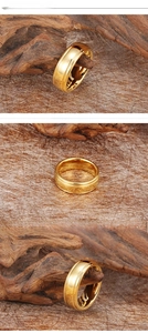 Detailed views of a high-polished golden tungsten ring with elegant grooved design