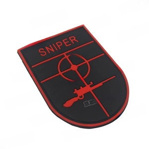 Close-up of PVC SNIPER tactical patch with crosshair and rifle icons on red shield