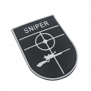 Detail of shield-shaped SNIPER PVC tactical patch with crosshair and rifle silhouette