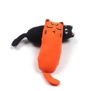Durable cotton catnip toys in cute cat shapes featuring orange and black canvas fabric