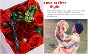 Exquisite white gift box featuring red soap roses and elegant black ribbon decoration
