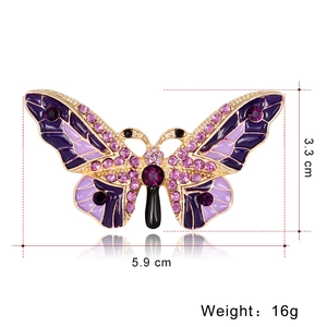 Fashionable purple enamel butterfly brooch with crystals, size 5.9cm by 3.3cm, weight 16g