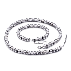 Polished silver stainless steel bead necklace and bracelet jewelry set for women