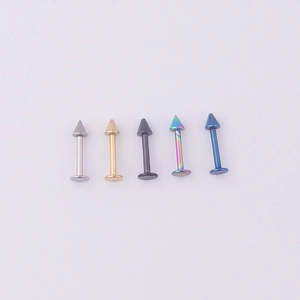 Five 316L stainless steel labret studs in silver, gold, black, rainbow, and blue colors