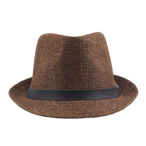 Classic brown straw jazz fedora hat with black belt band for summer sun protection