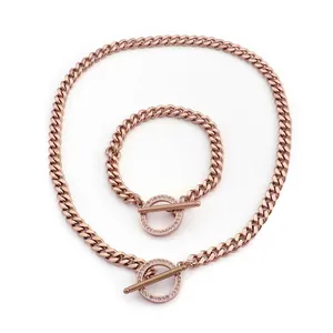 Roségold Edelstahl Panzerkette Halskette Und Armband Schmuckset Mit Strass Knebelverschluss Für Herren Und Damen