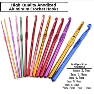 Detail view of colorful aluminum crochet hooks set with sizes 2.0mm to 10.0mm
