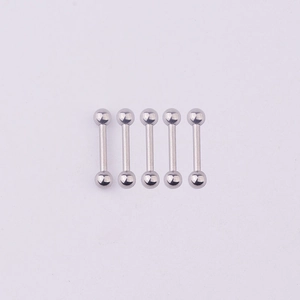 Five silver 316L stainless steel barbell body piercing studs on a white background