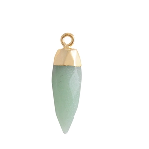 Detail view of a green aventurine teardrop pendant with a polished golden metal cap