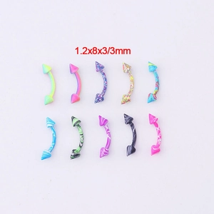 Set of 10 colorful marbled eyebrow rings in 1.2x8x3/3mm surgical stainless steel