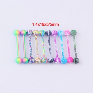 Set of 10 colorful stainless steel tongue rings with marbled paint finish in 1.4x19x5mm size