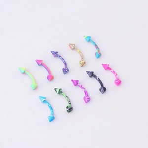 Set of 10 colorful curved barbell piercing rings with rainbow and marble patterns