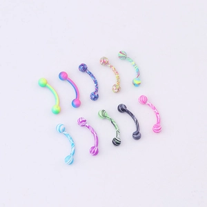 Set of 10 curved acrylic eyebrow rings with colorful marble patterns on white background