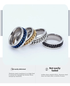 Set of four stainless steel rotating chain rings in blue, gold, silver, and black finishes