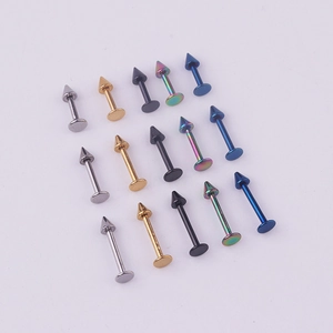 Surgical 316L stainless steel labret piercings in five colors with cone top and flat base