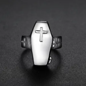 Gothic silver stainless steel coffin ring with embossed cross design for men and women