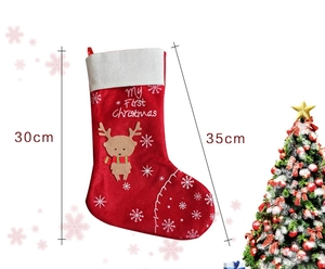 Christmas stocking detail showing My First Christmas embroidery and 35cm size dimensions