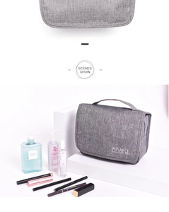 Macro detail of a grey fabric hanging toiletry bag with vanity icons and beauty products