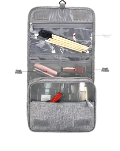 Detail view of hanging toiletries bag showing waterproof pockets and mesh compartments