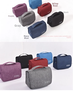 Multi-color travel toiletry bags collection with top handles and functional icons