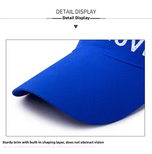 Detail of blue breathable mesh visor showing reinforced brim and high-quality stitching