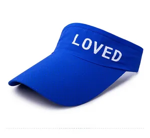 Detail of blue sun visor hat with LOVED print and breathable quick-dry mesh fabric