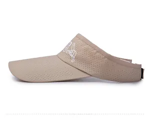 Side view of beige sun visor with breathable mesh fabric and white SA embroidery detail