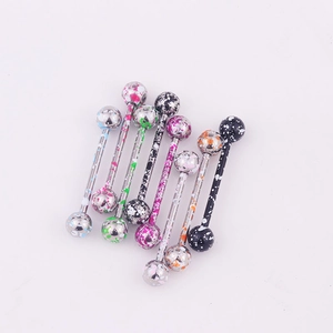 Stainless steel tongue rings with colorful paint splash patterns in diverse vibrant colors